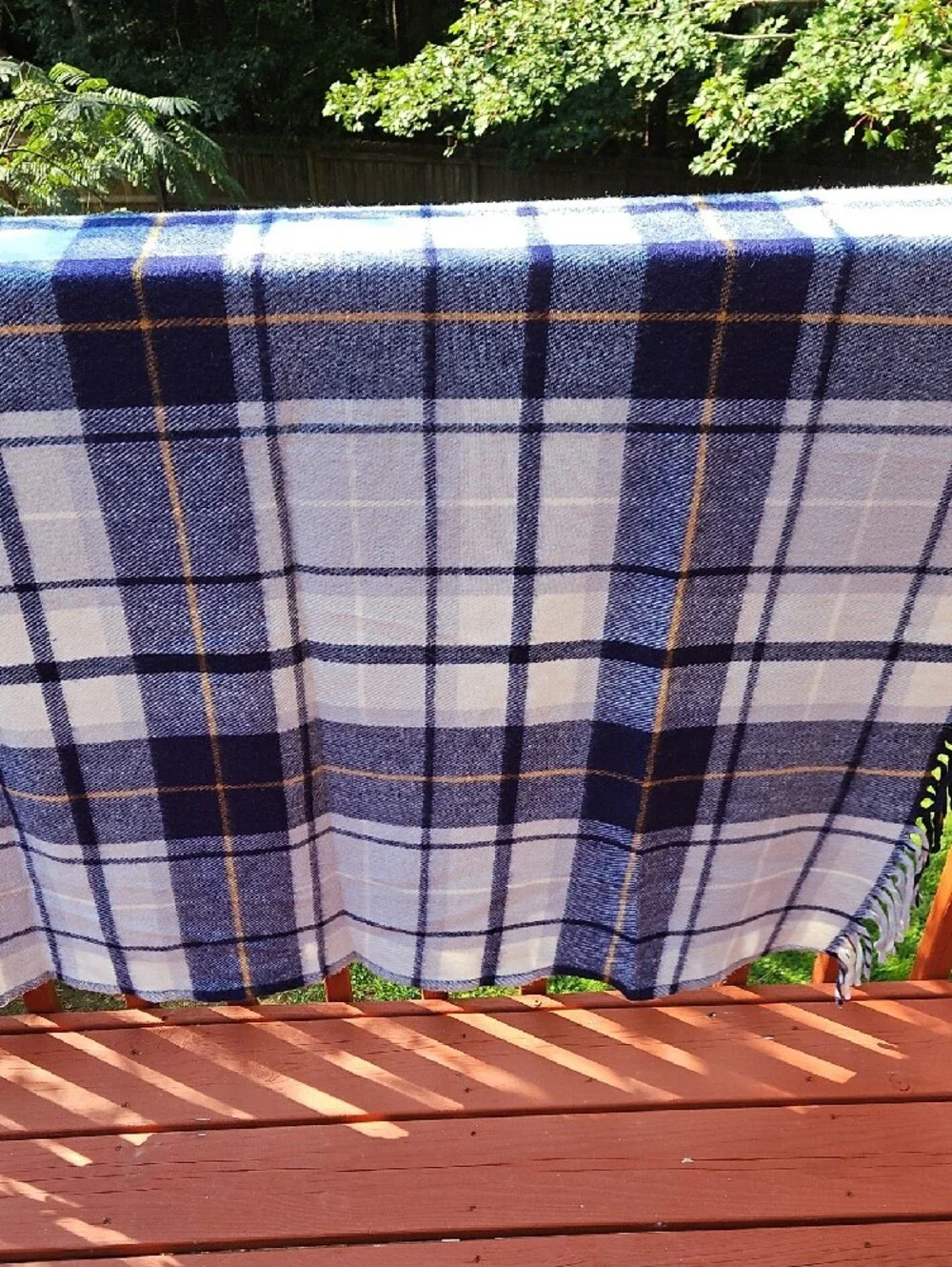 Vintage Faribo Blue Grey Gold Plaid Fringe Throw Stadium Blanket Size 52 X 52